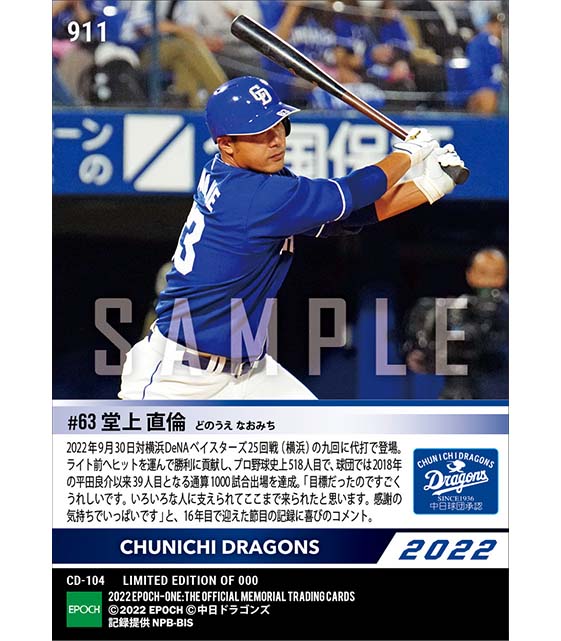 【堂上直倫】通算1000試合出場達成（22.9.30）