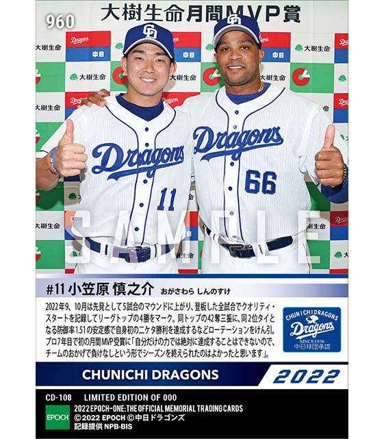【小笠原慎之介】2022年度 大樹生命月間MVP賞 セントラル・リーグ9、10月度投手部門（22.10.18）