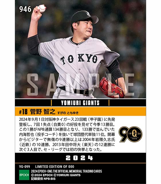 【菅野智之】セ・リーグ史上初となる開幕からビジター無傷の9連勝(24.9.1)