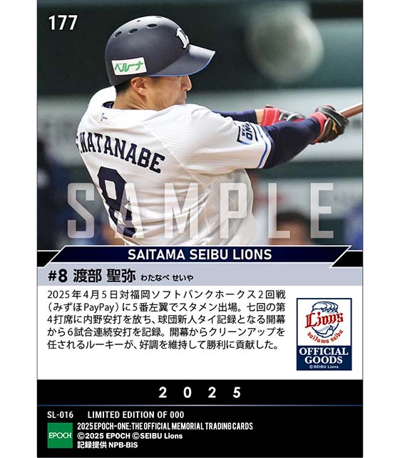 RC【渡部聖弥】球団新人タイ開幕6試合連続安打（25.4.5）