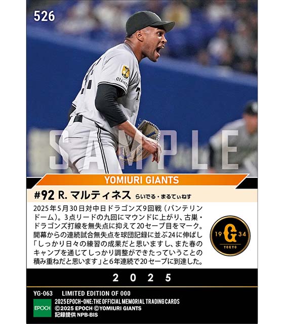 【マルティネス】球団記録に並ぶ開幕24試合連続無失点で6年連続20セーブ到達(25.5.30)