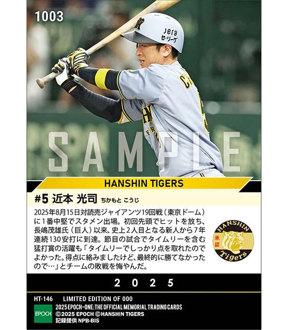 【近本光司】長嶋茂雄氏以来史上2人目の新人から7年連続130安打（25.8.15）