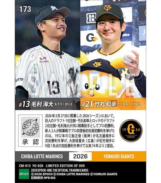 【RC竹丸和幸/RC毛利海大】74年ぶり2度目となる新人2人が開幕戦でプロ初登板初先発初勝利(26.3.27) ※ランダムで 1of1 大当たりカード発送対象