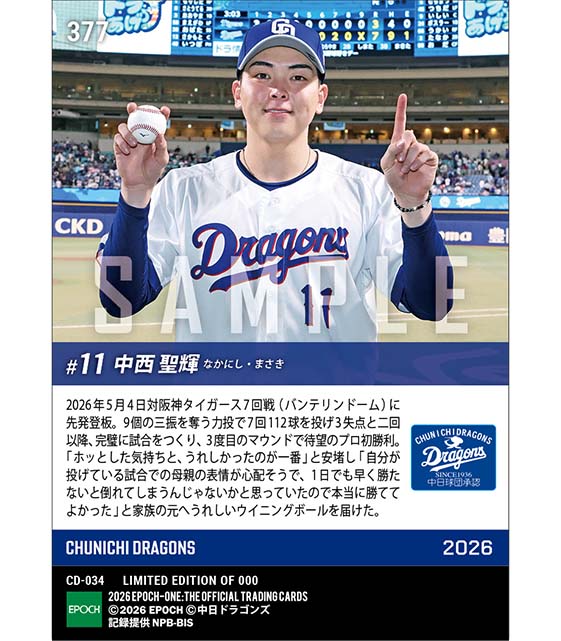 RC【中西聖輝】待望のプロ初勝利(26.5.4) ※ランダムで 1of1 大当たりカード発送対象