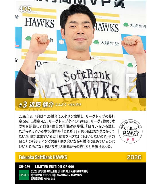 【近藤健介】2026年度 大樹生命月間MVP賞 パシフィック・リーグ3、4月度打者部門(26.5.13)