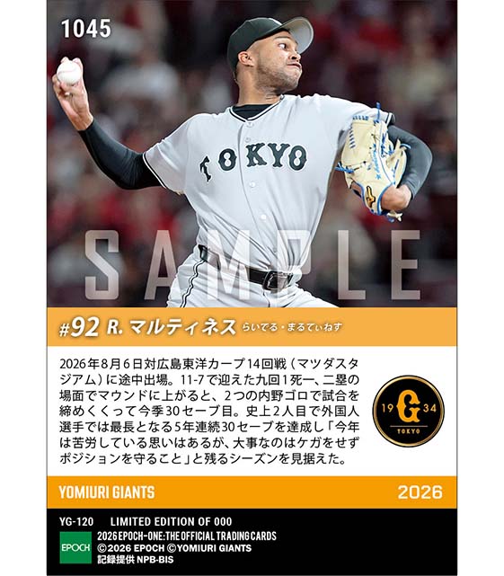 【マルティネス】史上2人目の5年連続30セーブ(26.8.6)