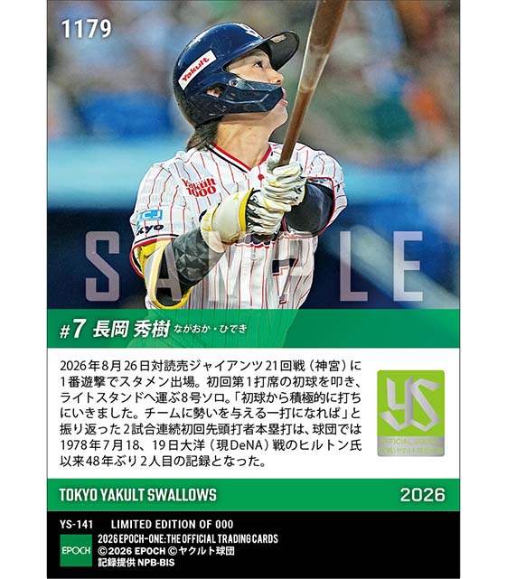 【長岡秀樹】球団48年ぶりの2試合連続初回先頭打者本塁打(26.8.26)